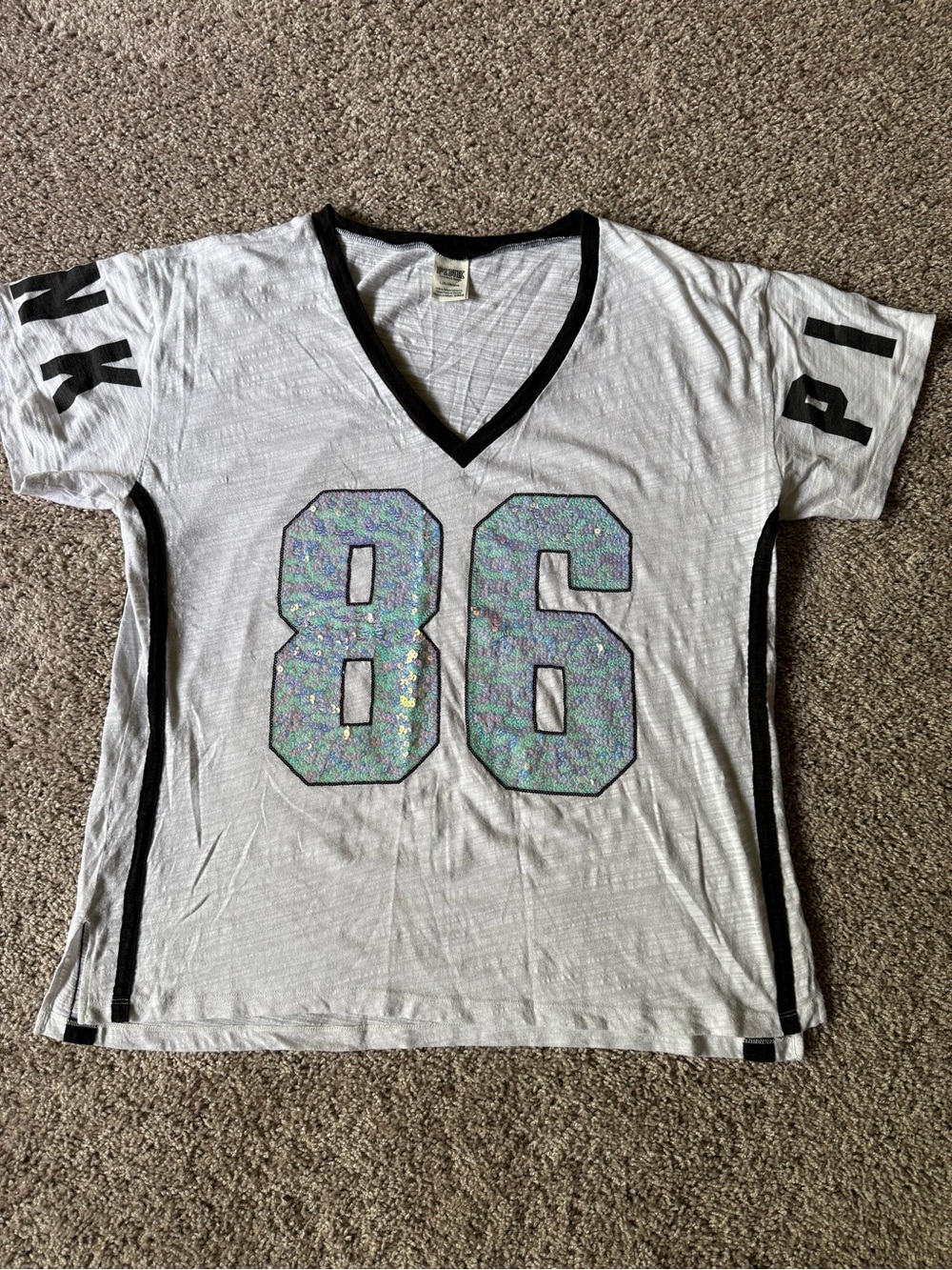PINK Victoria's Secret White V-Neck T-Shirt with Black Trim